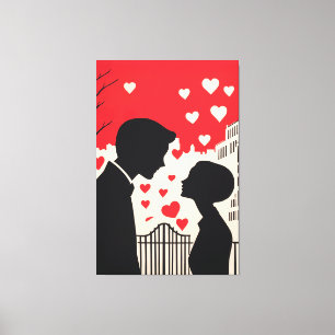 Romantic Silhouette Couple Cityscape Hearts Canvas Print