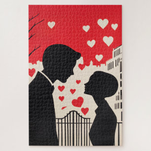 Romantic Silhouette Couple Cityscape Hearts Jigsaw Puzzle