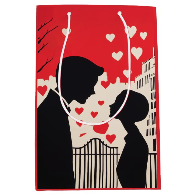 Romantic Silhouette Couple Cityscape Hearts Medium Gift Bag (Front)