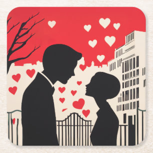Romantic Silhouette Couple Cityscape Hearts Square Paper Coaster