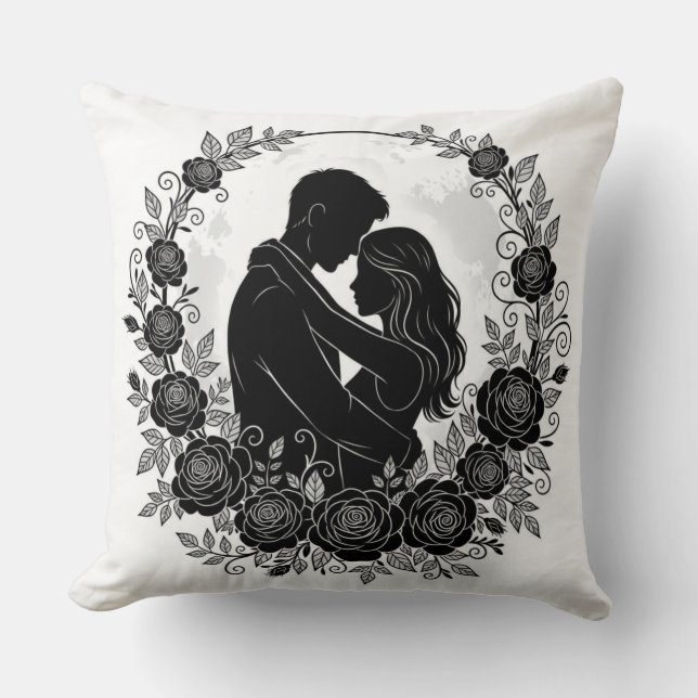 ​Romantic Silhouette Couple Rose Wreath Pillow (Front)