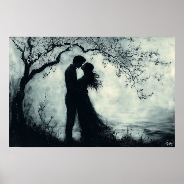 Romantic Silhouette Couple Under Tree Monochrome Poster (Front)