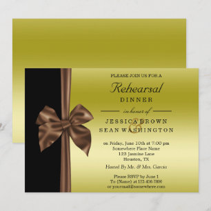 Romantic Silk Bow Gold & Black Rehearsal Dinner Invitation