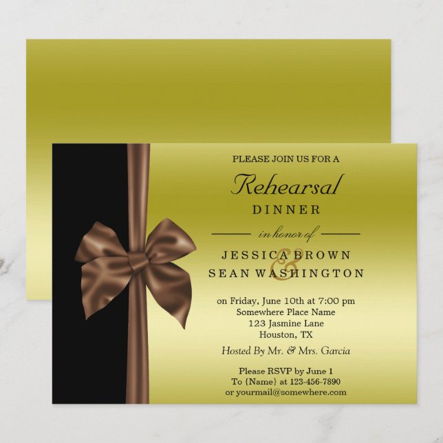 Romantic Silk Bow Gold & Black Rehearsal Dinner Invitation (Front/Back)
