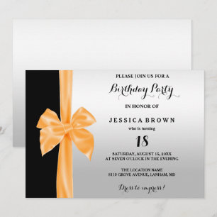 Romantic Silk Bow Silver & Black 18th Birthday Invitation