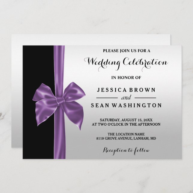 Romantic Silk Bow Silver & Black Wedding Invitation (Front/Back)