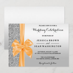 Romantic Silk Bow Silver Glitter & Black Wedding Invitation