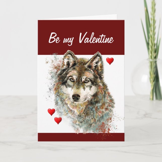 Romantic Silly Watercolor Wolf Valentine Love you Holiday Card (Front)