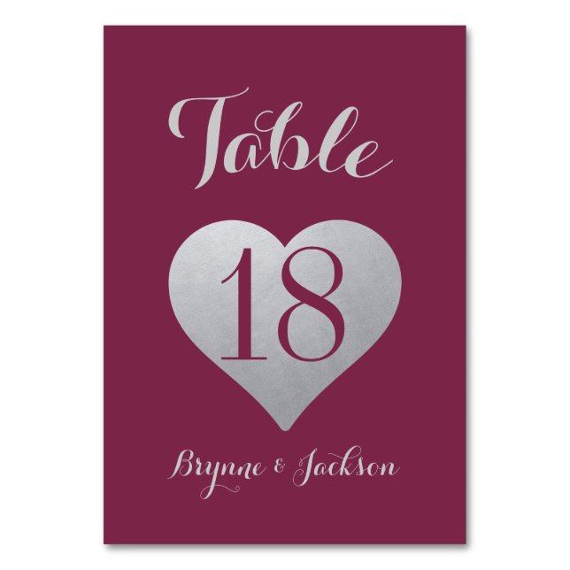 Romantic Silver and Wine Burgundy Heart Table Number (Front)