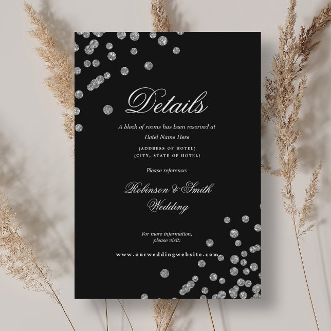 Romantic Silver Confetti Wedding Details Black  Enclosure Card (Romantic Silver Confetti Wedding Details Black Enclosure Card)