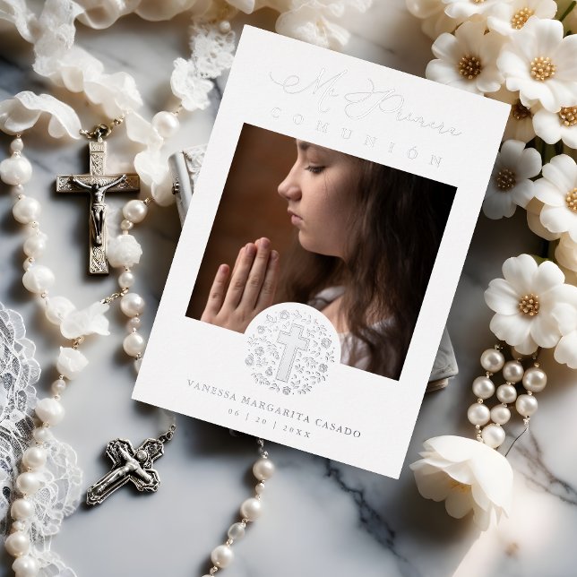 Romantic Silver Floral Wreath Photo (Romantic Real Silver Floral Wreath Photo Metallic Foil Mi Primera Comunión Spanish Invitation Card.)