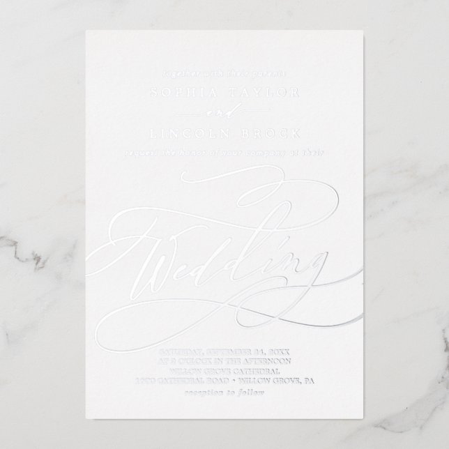 Romantic Silver Foil Calligraphy Flourish Wedding (Front)