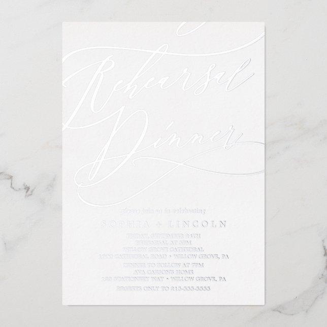 Romantic Silver Foil Calligraphy Rehearsal Dinner (Front)