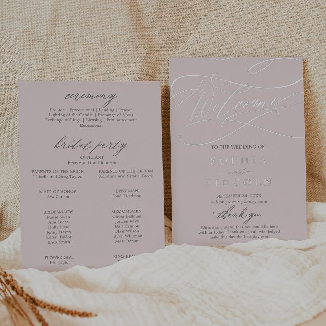 Romantic Silver Foil Grey Pink Wedding Program (Romantic Silver Foil Gray Pink Wedding Program)