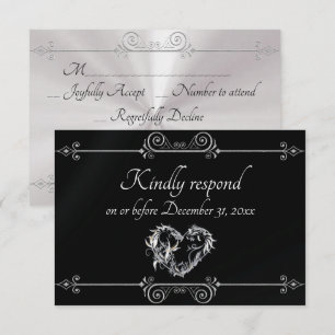 Romantic Silver Scroll Heart on Black RSVP Card