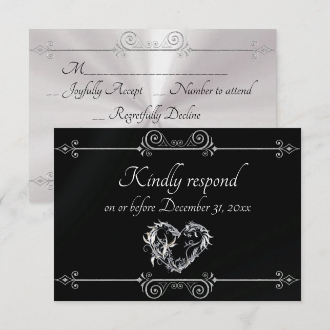 Romantic Silver Scroll Heart on Black RSVP Card (Front/Back)
