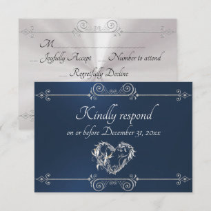Romantic Silver Scroll Heart on Blue RSVP Card