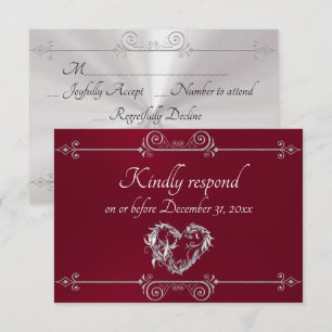 Romantic Silver Scroll Heart on Burgundy RSVP Card