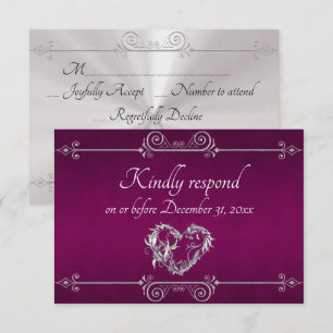 Romantic Silver Scroll Heart on Plum RSVP Card