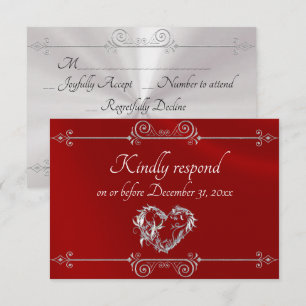 Romantic Silver Scroll Heart on Red RSVP Card