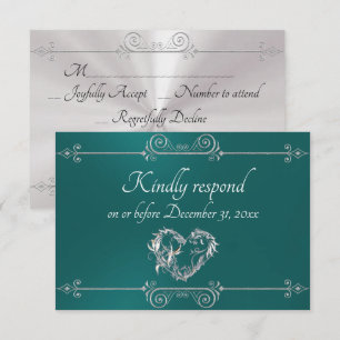 Romantic Silver Scroll Heart on Teal RSVP Card