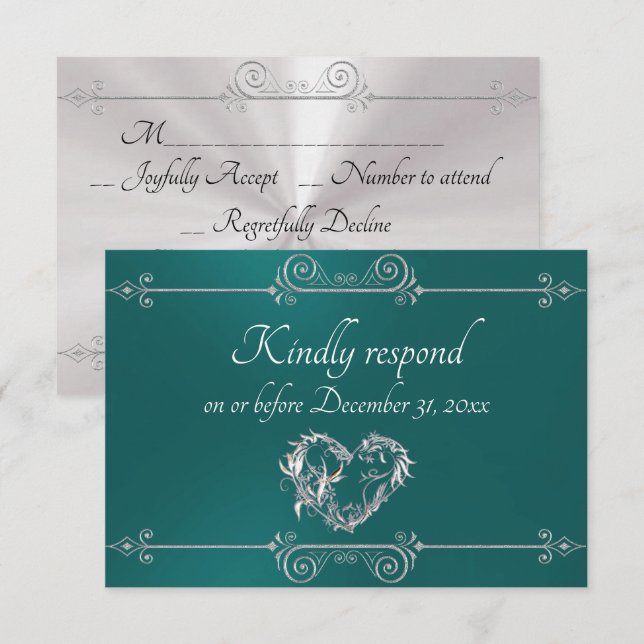 Romantic Silver Scroll Heart on Teal RSVP Card (Front/Back)