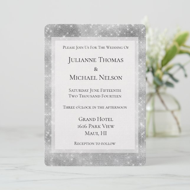 Romantic Silver Sparkle Glitz Wedding Invitation (Standing Front)