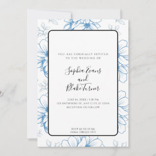 Romantic Simple Blue Line Drawn Flowers Wedding Invitation