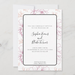 Romantic Simple Mauve Line Drawn Flowers Wedding Invitation
