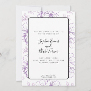 Romantic Simple Purple Line Drawn Flowers Wedding Invitation