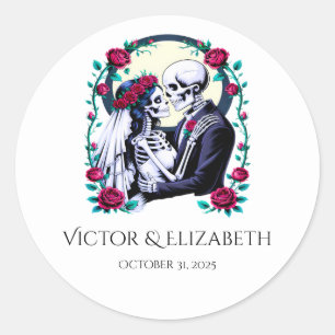 Romantic Skeleton Bride and Groom Wedding Classic Round Sticker