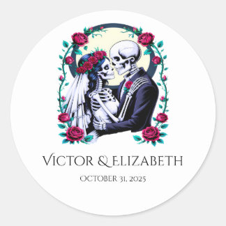Romantic Skeleton Bride and Groom Wedding Classic Round Sticker