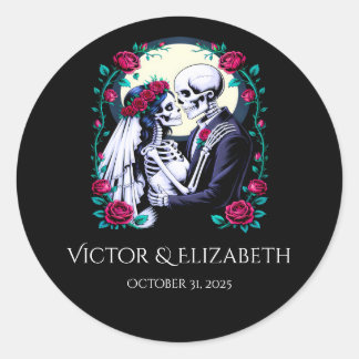 Romantic Skeleton Bride and Groom Wedding Classic Round Sticker