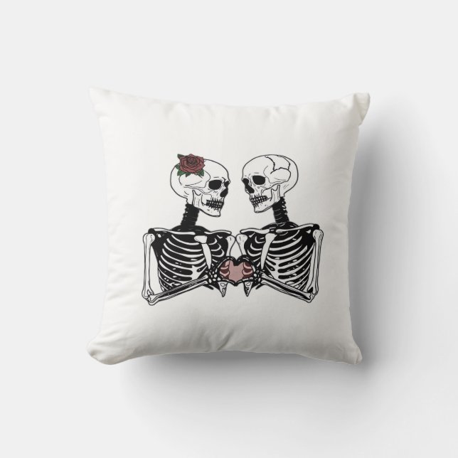 Romantic Skeleton Couple – Gothic With Heart Hands Cushion (Front)