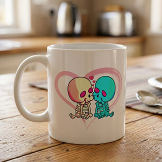 Romantic Skeleton Couple Kissing in Pink Heart Coffee Mug