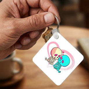 Romantic Skeleton Couple Kissing in Pink Heart Key Ring