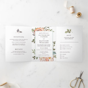Romantic Sketchbook Florals All-In-One Wedding Tri-Fold Invitation