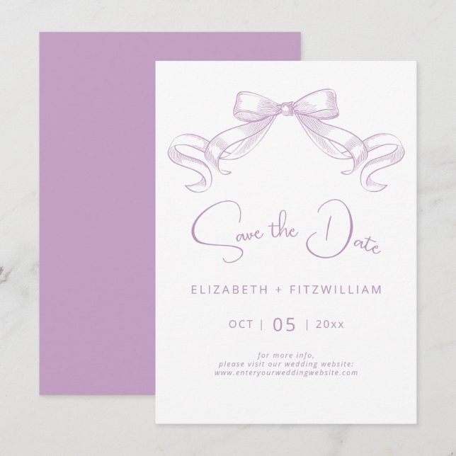 Romantic Sketched Bow | Lilac Background  Save The Date (Front/Back)