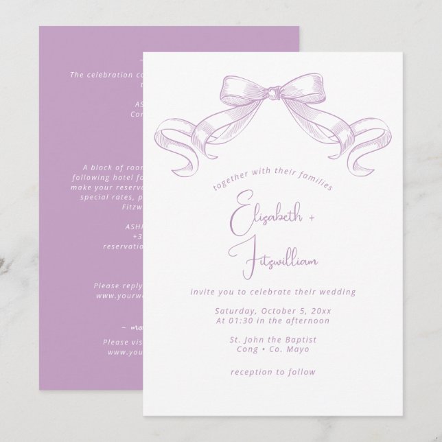 Romantic Sketched Bow | Lilac Front + Back Wedding Invitation (Front/Back)