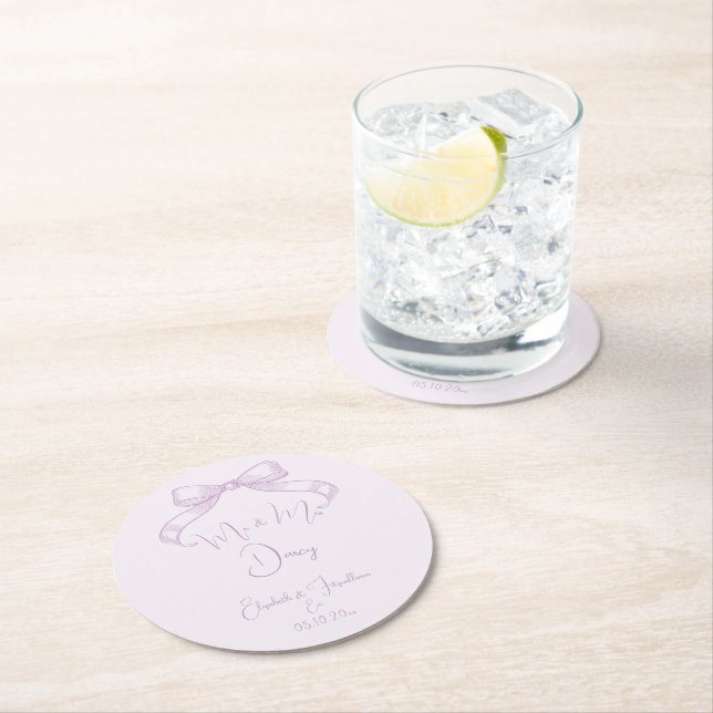 Romantic Sketched Bow | Lilac Mr. & Mrs. Est.  Round Paper Coaster (Insitu)