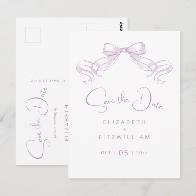 Romantic Sketched Bow | Lilac Save The Date Postcard (Front/Back)