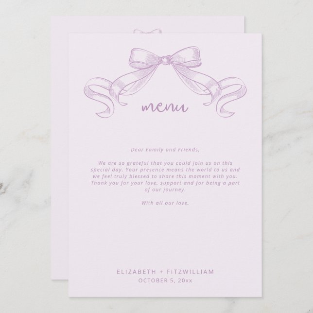 Romantic Sketched Bow | Lilac Thank You Note  Menu (Front/Back)