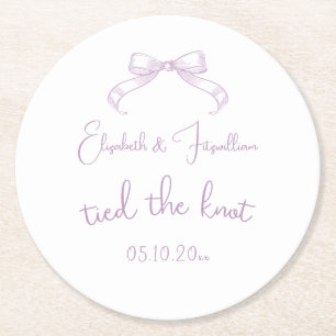 Romantic Sketched Bow Lilac Tied the Knot Date Round Paper Coaster