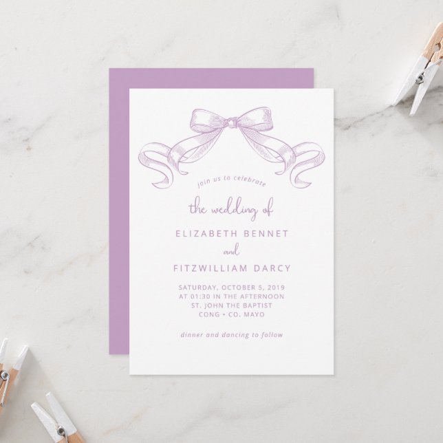 Romantic Sketched Bow | Lilac Wedding Of Invitation (Front/Back In Situ)