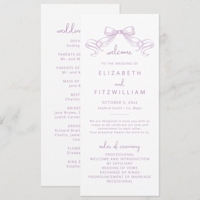 Romantic Sketched Bow | Lilac Wedding  Programme (Front/Back)