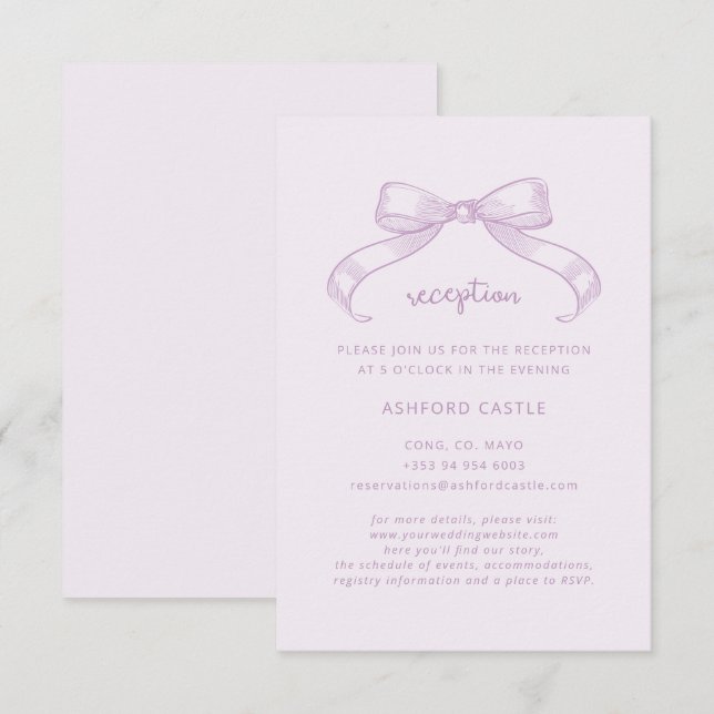 Romantic Sketched Bow | Lilac Wedding Reception  Enclosure Card (Front/Back)