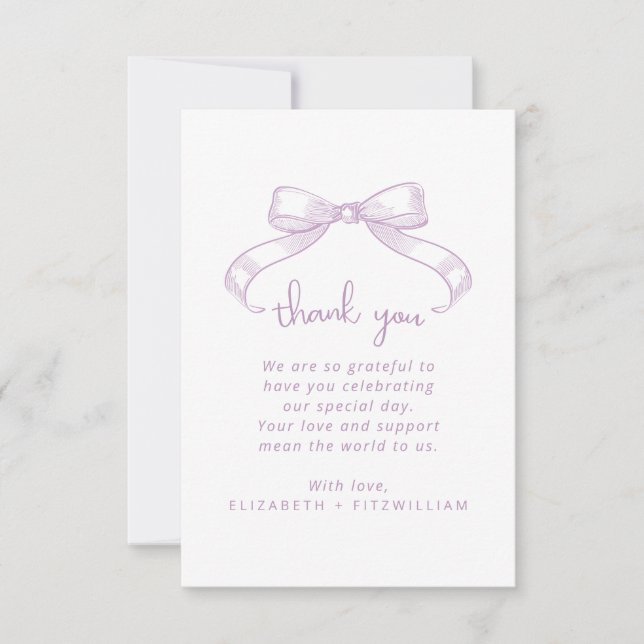 Romantic Sketched Bow | Lilac Wedding Thank You Card (Front)