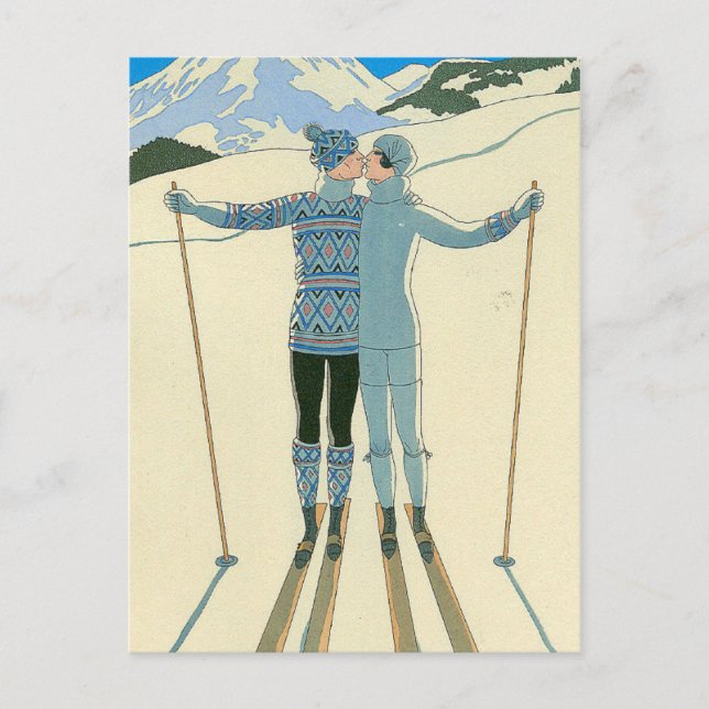 Romantic Skiers in Blue Postcard (Front)