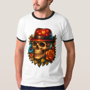 Romantic Skull with Hat and Roses T-Shirt