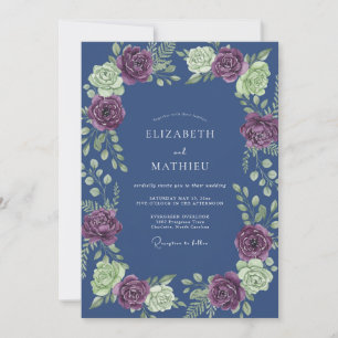 Romantic Slate Plum Leafy Wedding Invitation